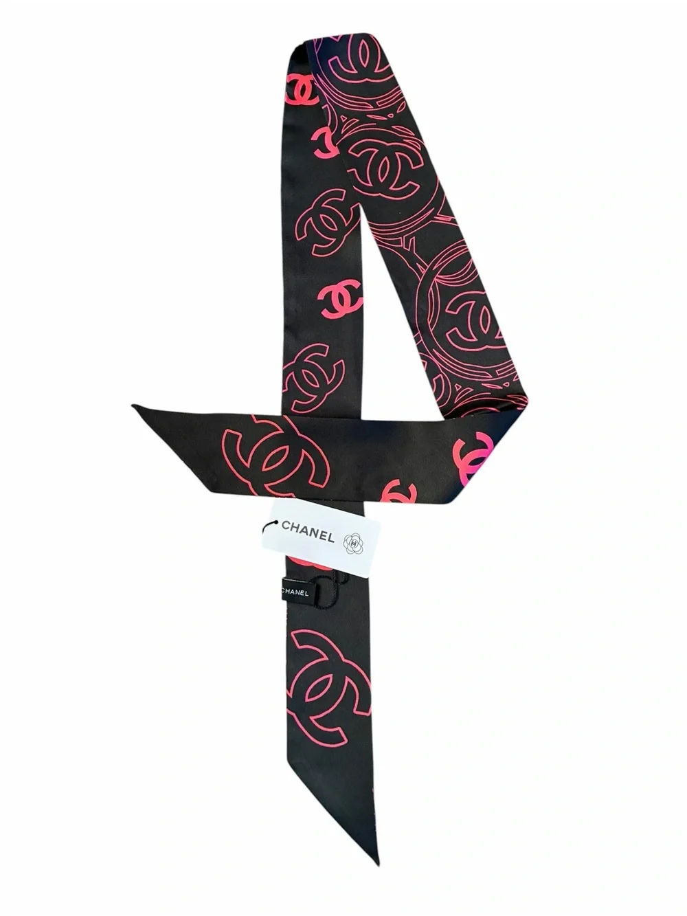 ChaneI. Black and Pink Logo Twilly , Hair, Muffler Scarf 100% Silk